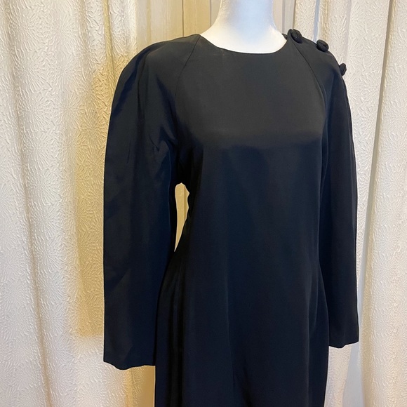 Vintage 90s PJ Klein Black Minimalist Dress w/ 3 Black Cord Rosettes on Shoulder - Picture 3 of 8